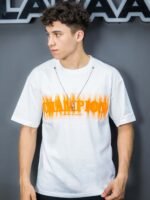 تيشرت رجالي مستورد بطباعة CHAMBION وقلادة